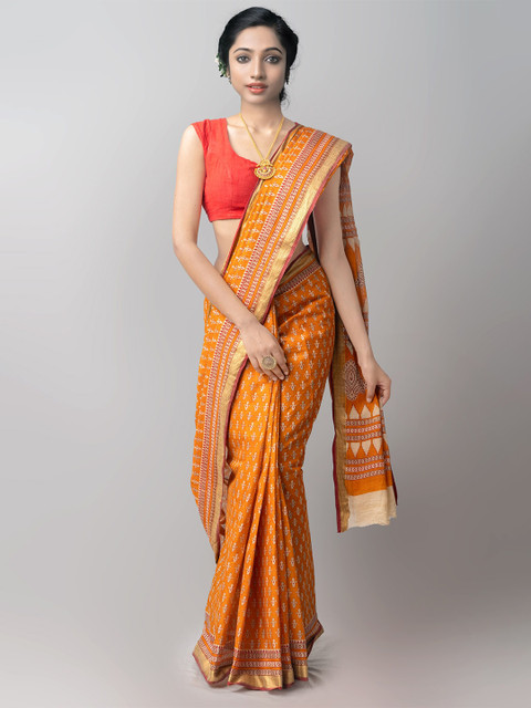 

Unnati Silks Orange & Cream Ethnic Motifs Pure Cotton Saree