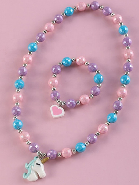 

EL REGALO Girls Pink & Blue Beaded Floral Jewellery Set