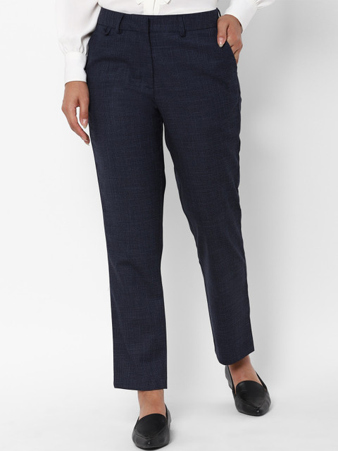 

Allen Solly Woman Women Navy Blue Textured Regular Fit Cropped Trousers