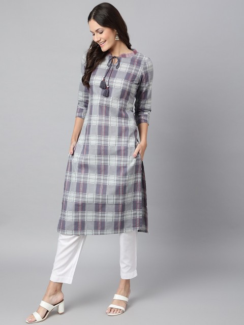 

Os Women Grey Checked Pure Cotton Pathani Kurta