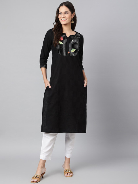 

Os Women Black & White Yoke Design Keyhole Neck Pure Cotton Kurta