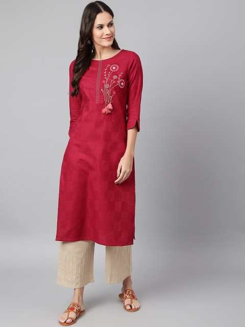 

Os Women Maroon Floral Embroidered Thread Work Kurta