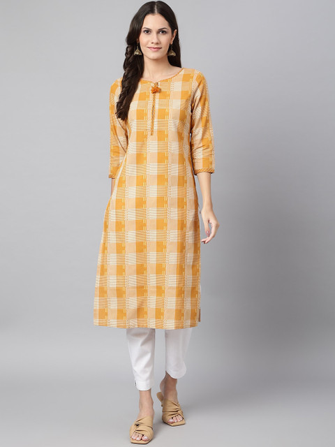 

Os Women Mustard Yellow Checked Pure Cotton Kurta