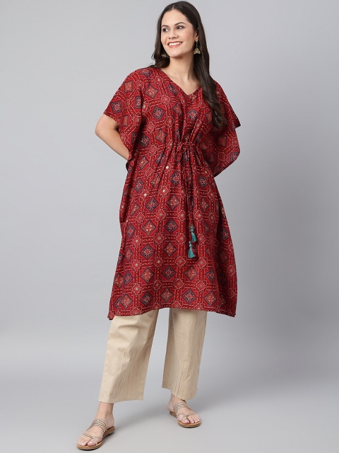 

Os Women Maroon Ethnic Motifs Printed Flared Sleeves Chanderi Silk Kaftan Kurta