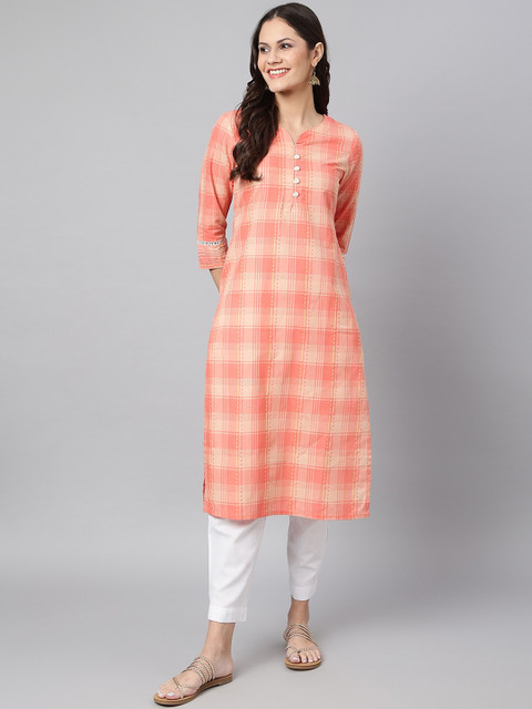 

Os Women Peach-Coloured Checked Printed Cotton Kurta