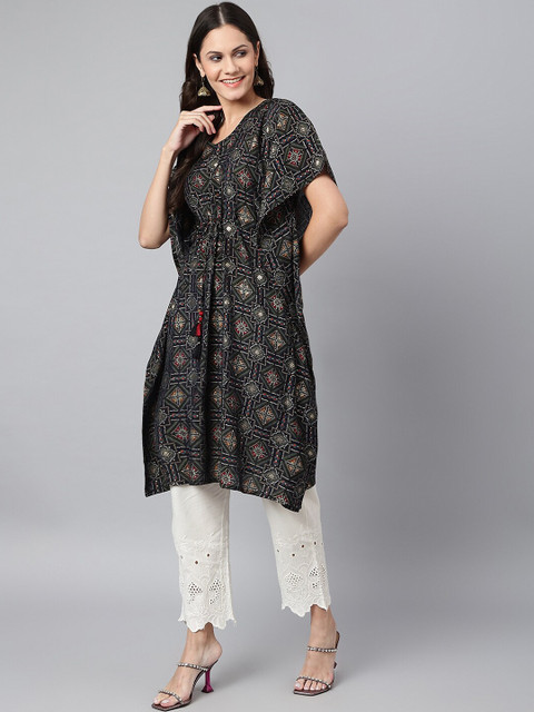 

Os Women Black Ethnic Motifs Printed Chanderi Silk Chanderi Silk Kaftan Kurta