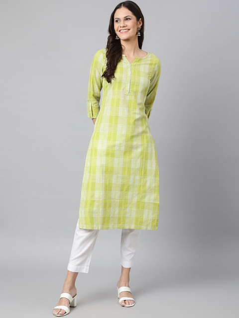 

Os Women Lime Green Checked Pure Cotton Kurta