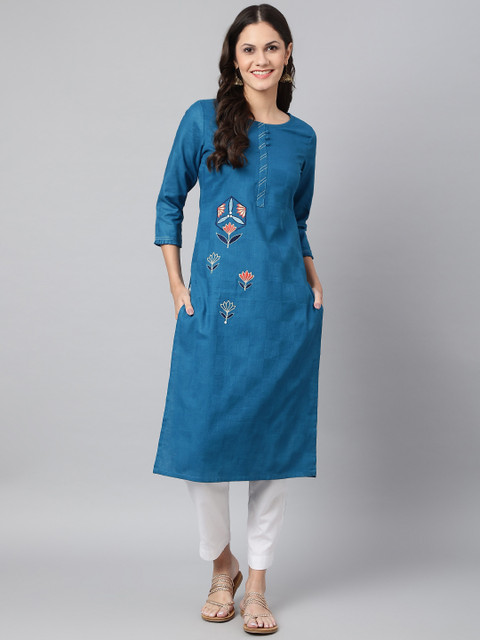 

Os Women Blue Floral Embroidered Thread Work Kurta