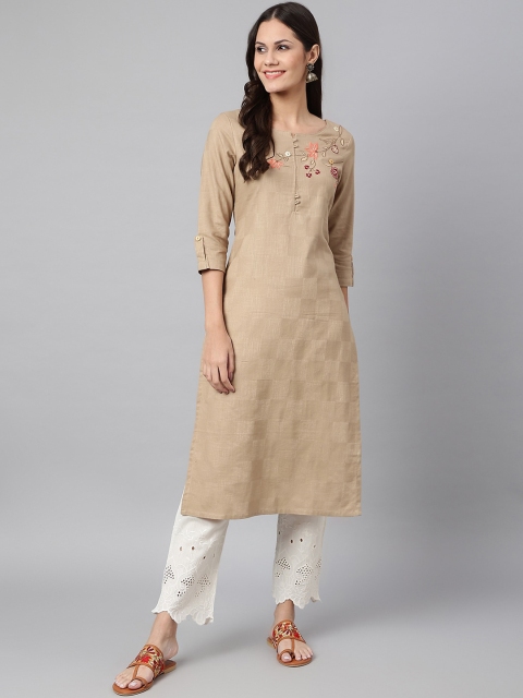 

Os Women Beige Yoke Design Embroidered Cotton Kurta