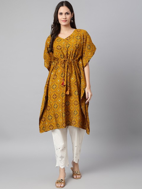 

Os Women Mustard Yellow Ethnic Motifs Printed Chanderi Silk Kaftan Kurta