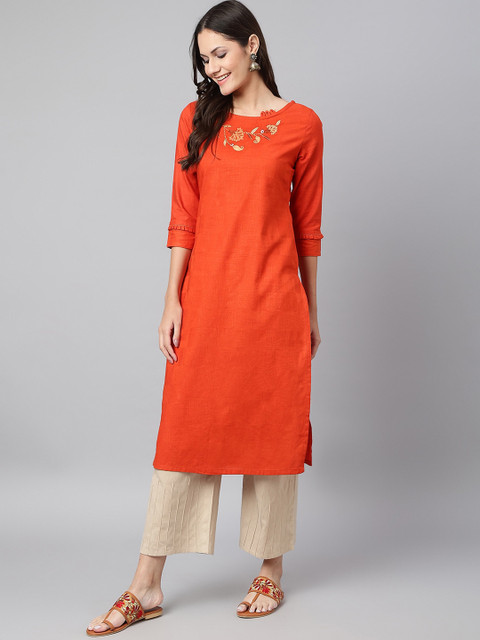 

Os Women Orange & Gold-Toned Yoke Design Cotton Straight Kurta