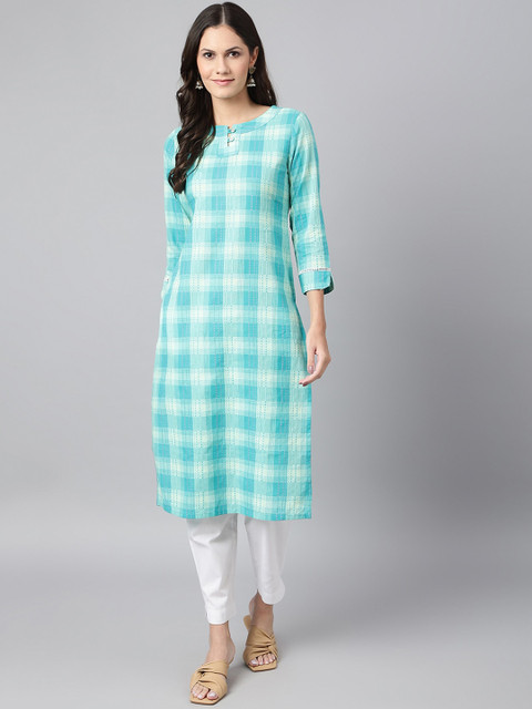 

Os Women Blue Checked Pure Cotton Kurta