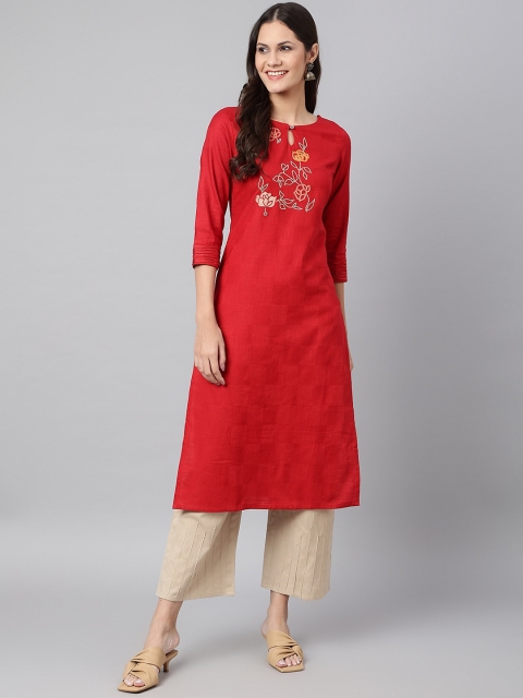 

Os Women Red Textured Thread Work Cotton Kurta