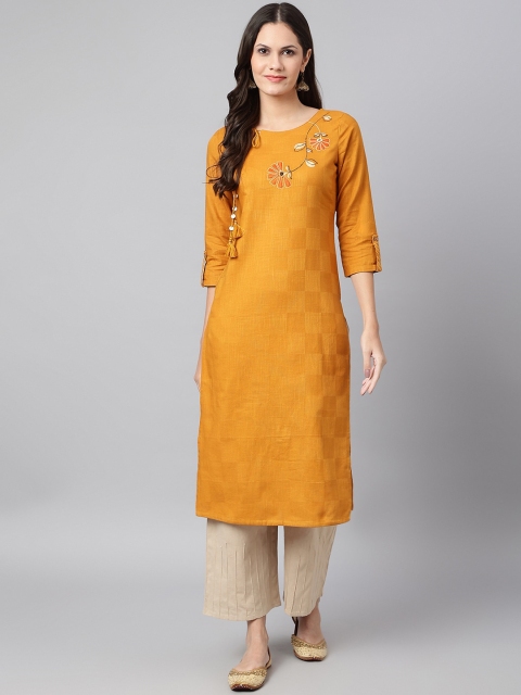 

Os Women Mustard Yellow Thread Work Pure Cotton Kurta