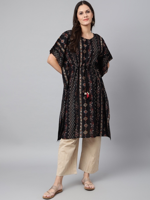 

Os Women Black Ethnic Motifs Printed Flared Sleeves Chanderi Silk Kaftan Kurta