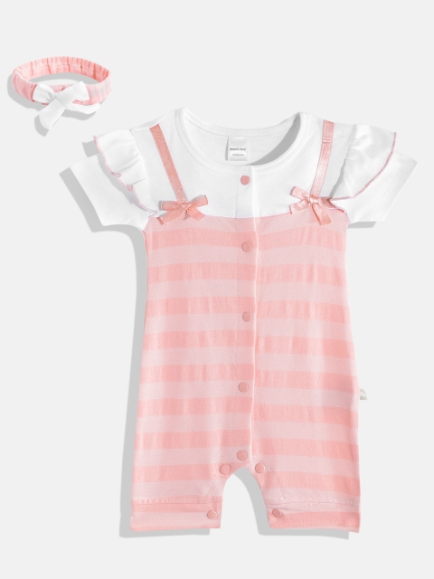 

Moms Love Girls Pink & White Pure Cotton Striped Romper with Headband