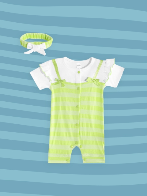 

Moms Love Girls Lime Green & White Pure Cotton Striped Romper with Headband