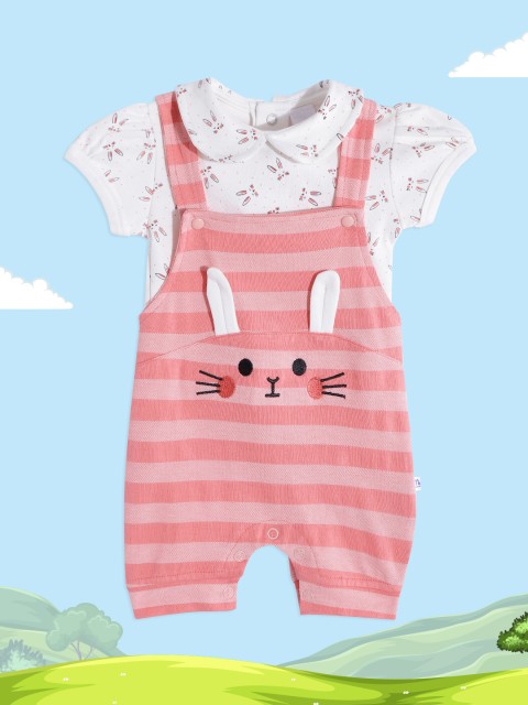 

Moms Love Infant Girls Pink & White Striped & Applique Cotton Dungarees with Top