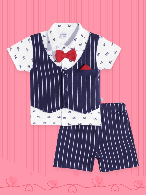 

Moms Love Infant Boy Navy Blue & White Striped Cotton Shirt&Shorts with Attached Waistcoat