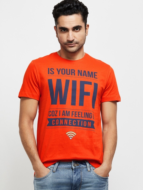 max Men Orange Typography Printed Pure Cotton T-shirt