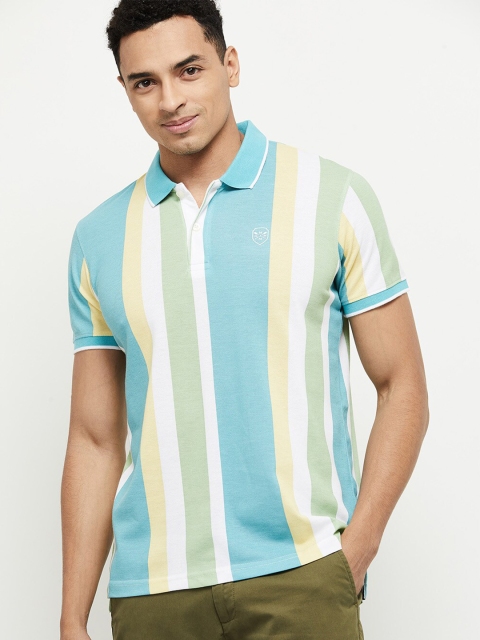 

max Men Blue & Green Striped Polo Collar T-shirt
