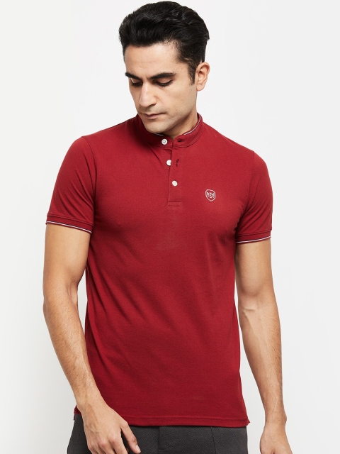 

max Men Maroon Solid Mandarin Collar Cotton T-shirt