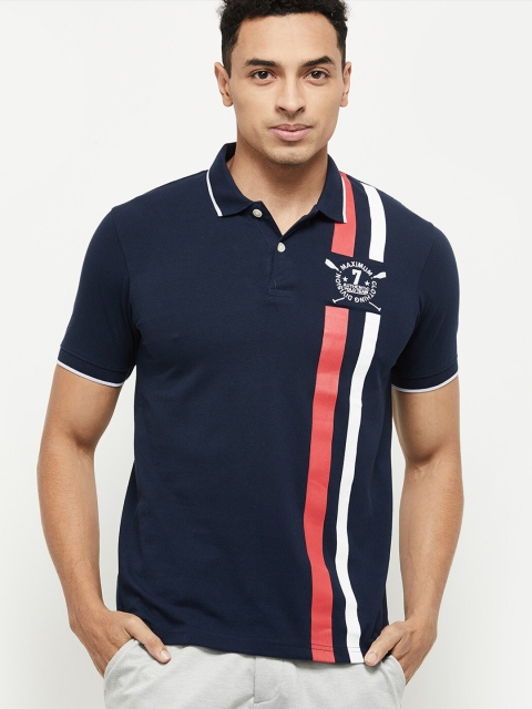 

max Men Navy Blue Striped Polo Collar Applique T-shirt