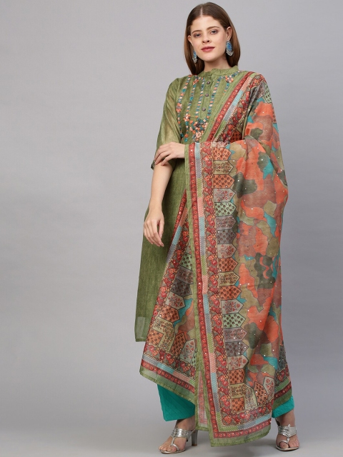 

FASHOR Women Green Floral Printed Chanderi Silk Chanderi Silk Kurta With Dupatta