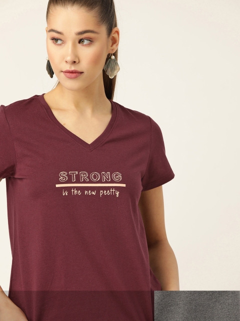 

DressBerry Women Pack of 2 Typography Print T-shirts, Maroon