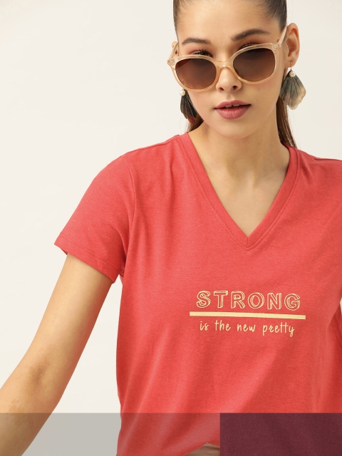 

DressBerry Women Pack of 2 Typography Print T-shirts, Maroon
