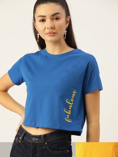 

DressBerry Women Pack of 2 Typography Print T-shirts, Blue