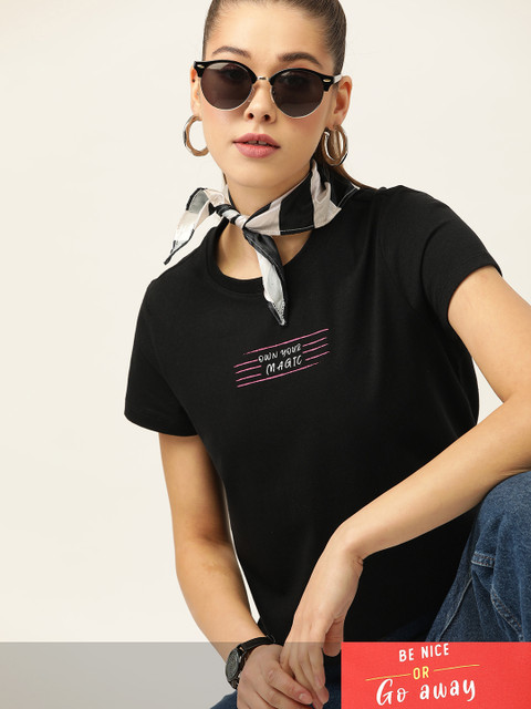 

DressBerry Women Pack of 2 Typography Print T-shirts, Black