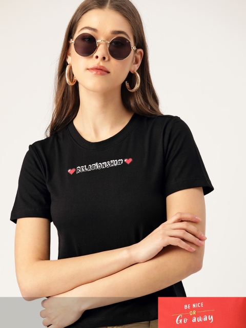 

DressBerry Women Pack of 2 Typography Print T-shirts, Black