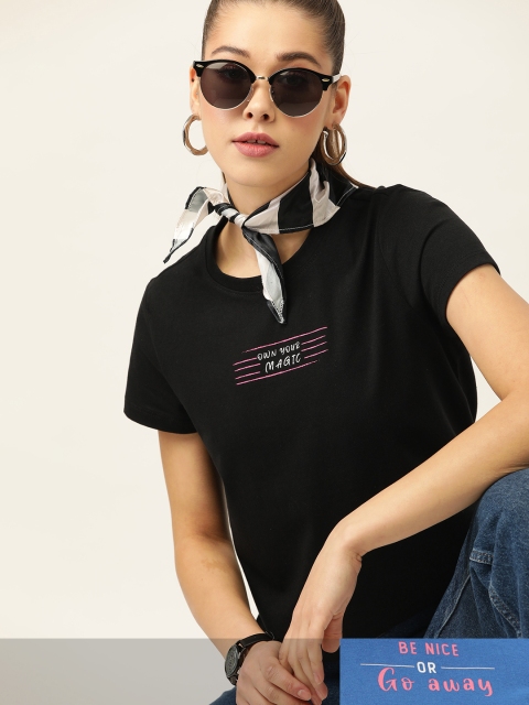 

DressBerry Women Pack of 2 Typography Print T-shirts, Black