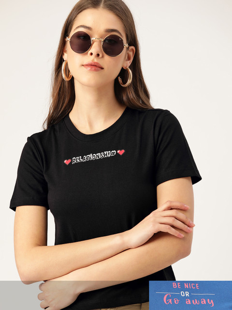 

DressBerry Women Pack of 2 Typography Print T-shirts, Black