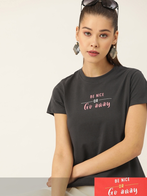 

DressBerry Women Pack of 2 Typography Print T-shirts, Charcoal