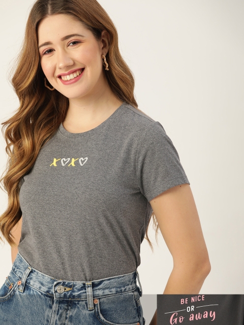 

DressBerry Women Pack of 2 Typography Print T-shirts, Grey melange