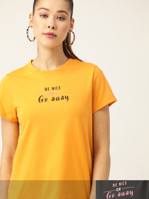 

DressBerry Women Pack of 2 Typography Print T-shirts, Mustard