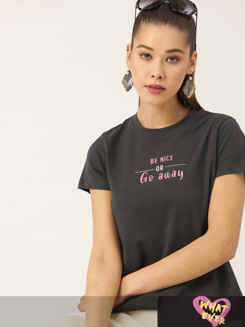 

DressBerry Women Pack of 2 Typography Print T-shirts, Charcoal