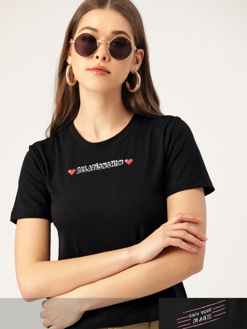 

DressBerry Women Pack of 2 Typography Print T-shirts, Black