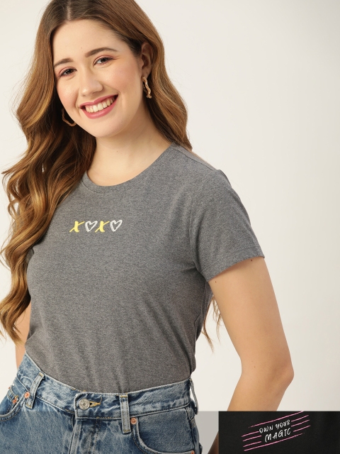 

DressBerry Women Pack of 2 Typography Print T-shirts, Grey melange