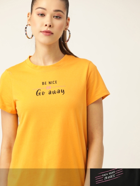 

DressBerry Women Pack of 2 Typography Print T-shirts, Mustard