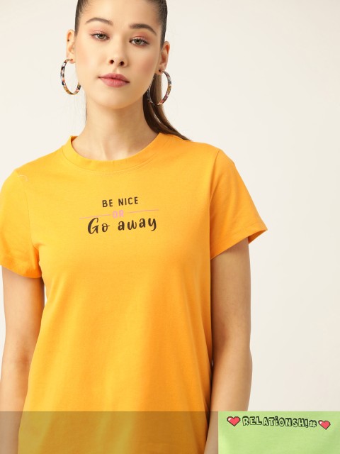 

DressBerry Women Pack of 2 Typography Print T-shirts, Mustard