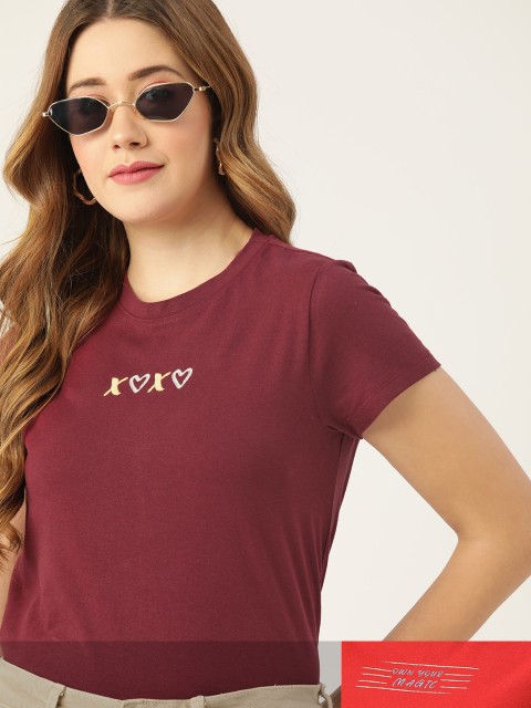 

DressBerry Women Pack of 2 Typography Print T-shirts, Maroon