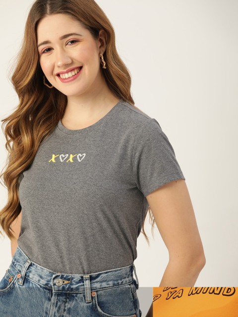 

DressBerry Women Pack of 2 Typography Print T-shirts, Grey melange