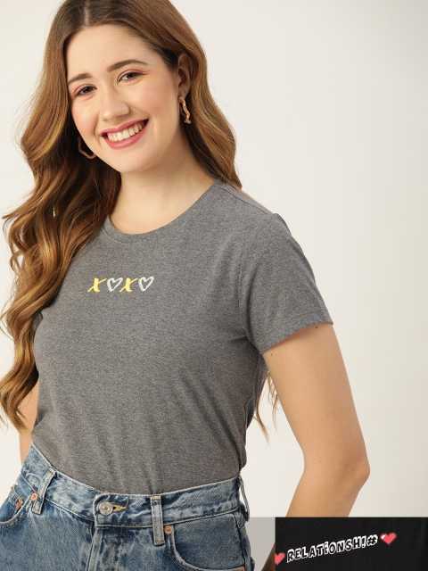 

DressBerry Women Pack of 2 Typography Print T-shirts, Grey melange
