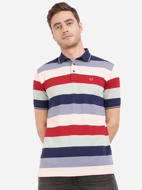 

JADE BLUE Men Multicoloured Striped Polo Collar Pure Cotton Slim Fit T-shirt, Multi