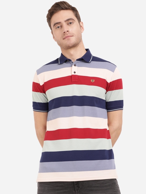 

JADE BLUE Men Multicoloured Striped Polo Collar Pure Cotton Slim Fit T-shirt, Multi