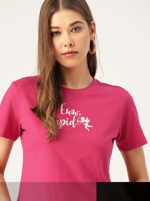 

DressBerry Women Pack of 2 Typography Print T-shirts, Pink