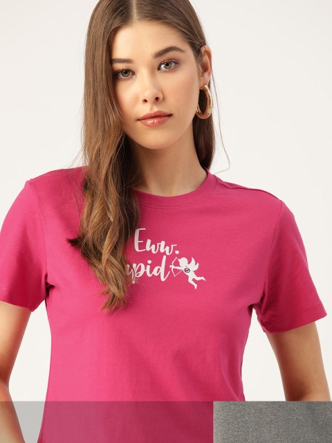 

DressBerry Women Pack of 2 Typography Print T-shirts, Pink